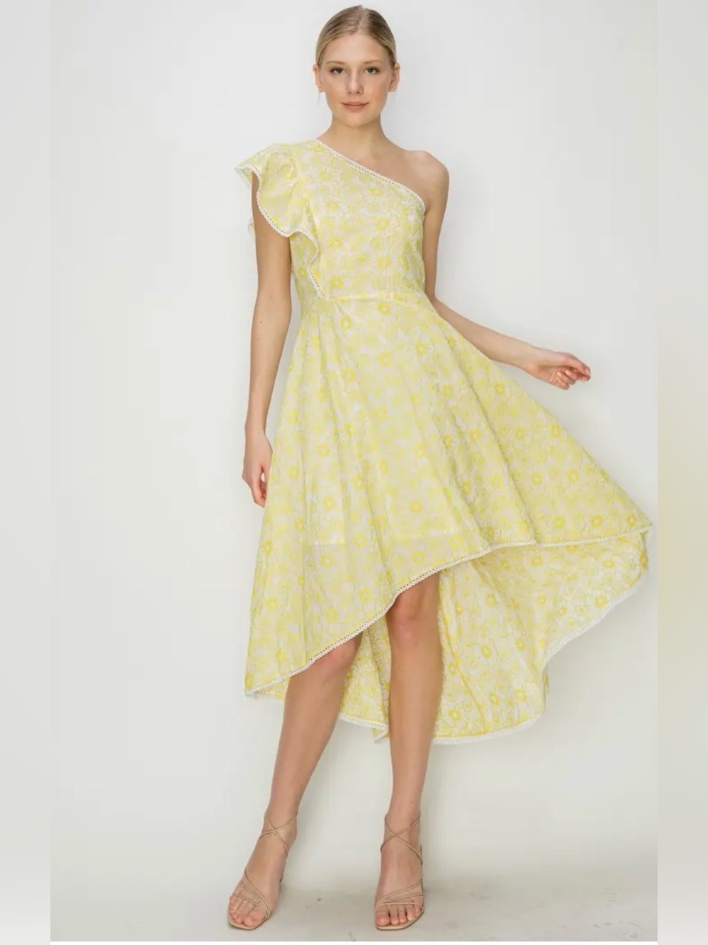 Melloday Nordstroms white yellow embroidered floral one shoulder hi-low dress S - Picture 1 of 9